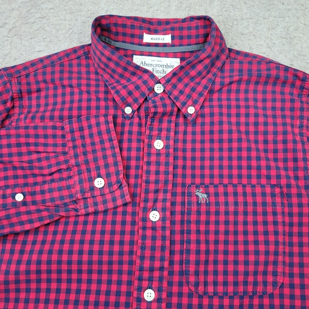 Abercrombie Fitch Muscle Shirt Mens M Red Blue Gingham Plaid‎ Long Sleeve Button